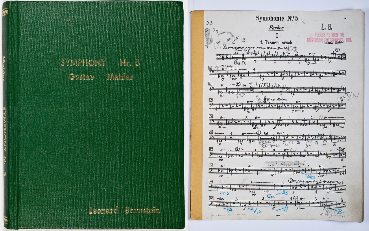 Cover of Leonard Bernstein's score to Mahler's Symphony No. 5 next to a marked timpani part
