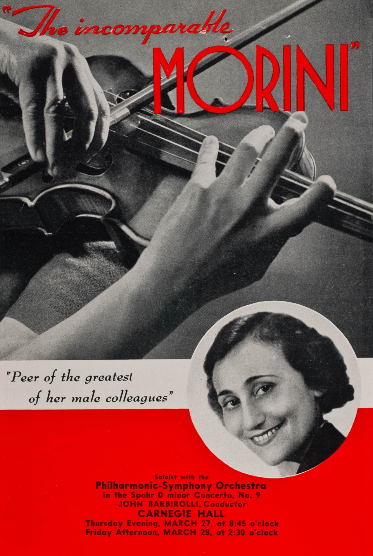 Advertisement for Erica Morini's March 1941 performances with the New York Philharmonic.