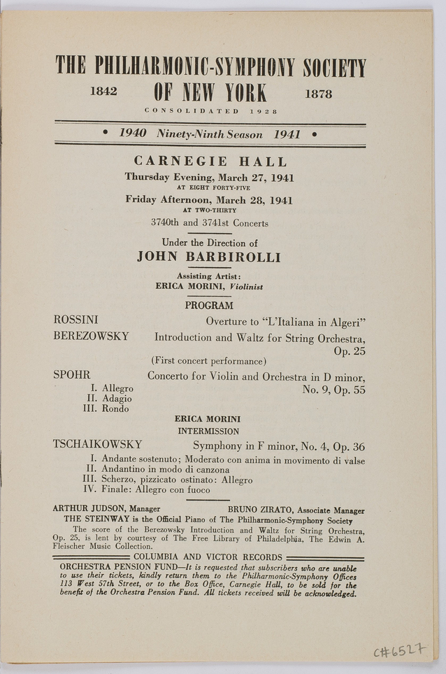 Concert program for Erica Morini's March 1941 performances with the New York Philharmonic.