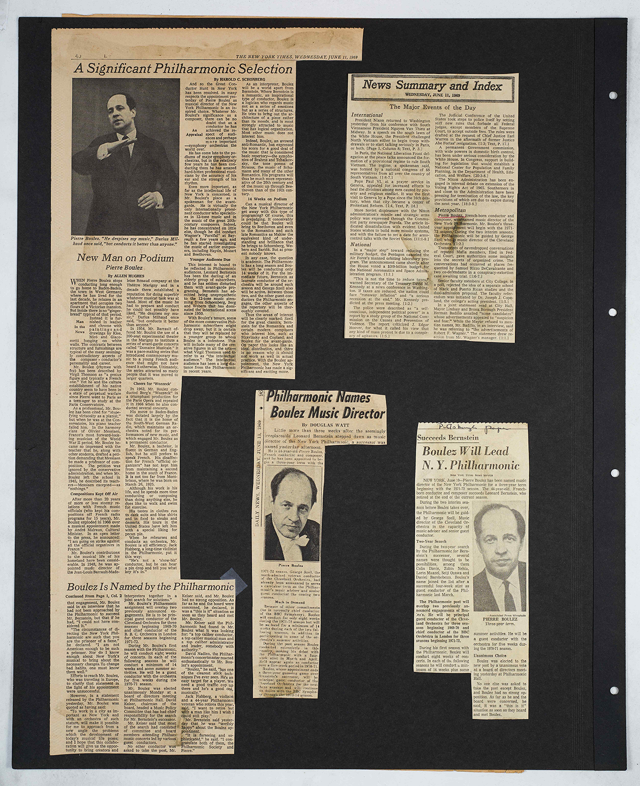 Various news clippings announcing Pierre Boulez's appointment as Music Director of the Philharmonic, June 1969.