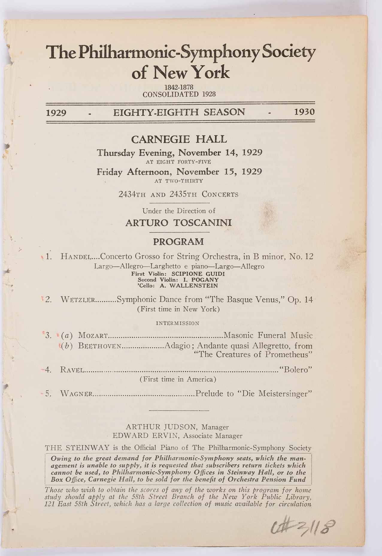 Concert program for the World Premiere of Boléro in concert-version by the Philharmonic and Toscanini, November 14, 1929.