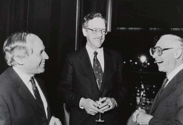 Pierre Boulez, Nick Webster, and Carlos Moseley stand next to each other smiling.