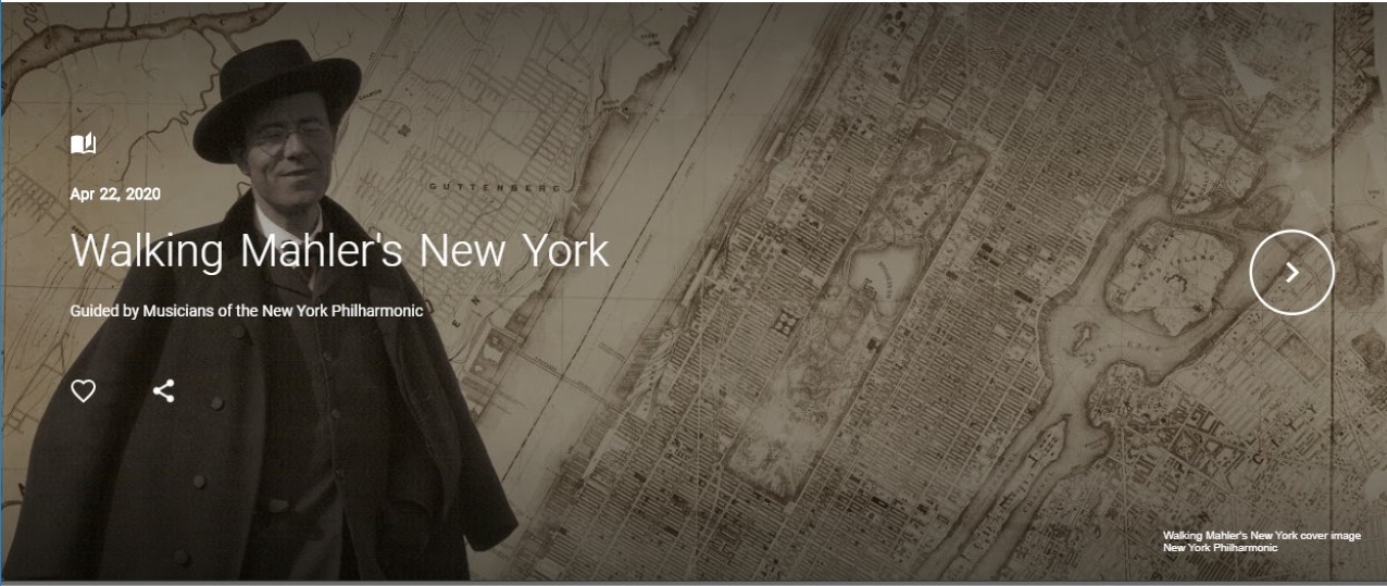 Gustav Mahler superimposed over an old map of New York City.