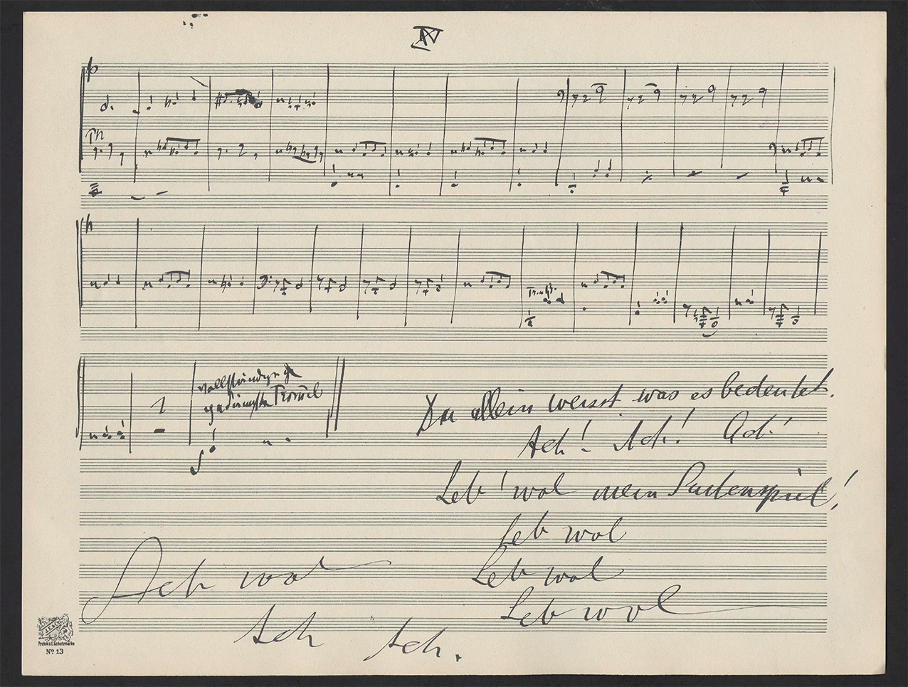 Handwritten music manuscript with German writing on it.