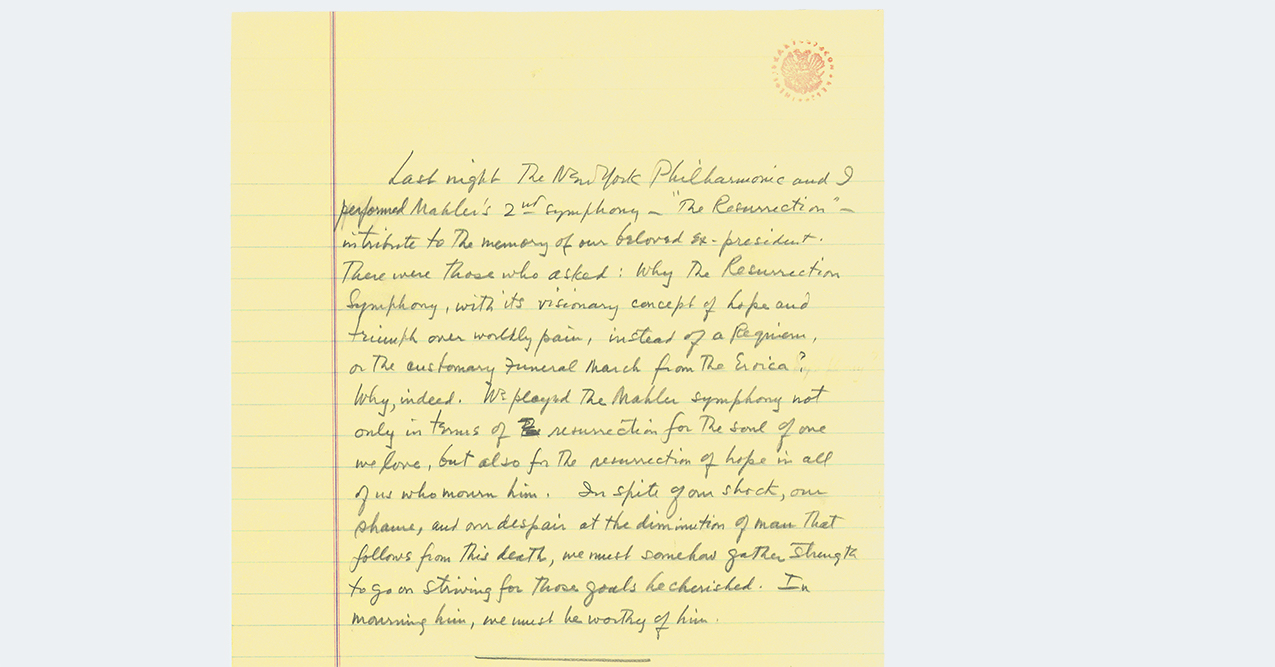 Yellow lined notebook paper with Leonard Bernstein's handwritten speech draft on it