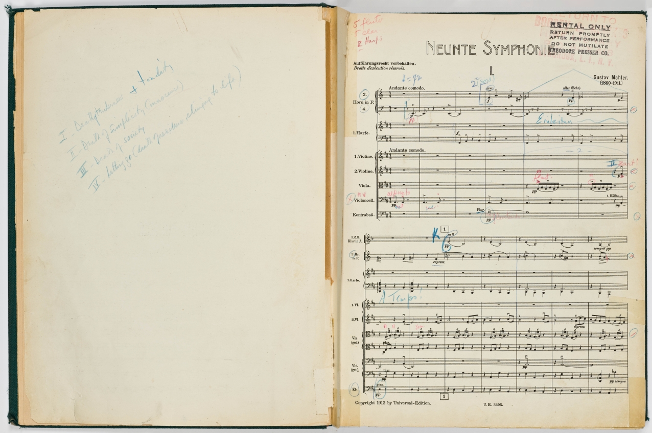 The first page of Leonard Bernstein's Mahler Symphony No. 9 score.