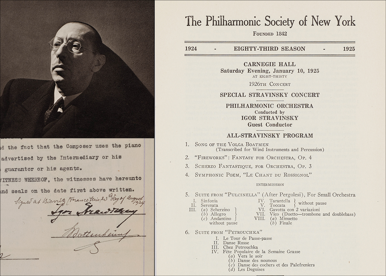 Igor Stravinsky, a New York Philharmonic program, and Stravinsky's signed contract from 1925