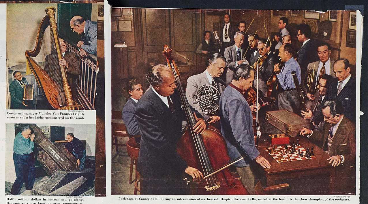 Philharmonic musicians playing chess, preparing for tour