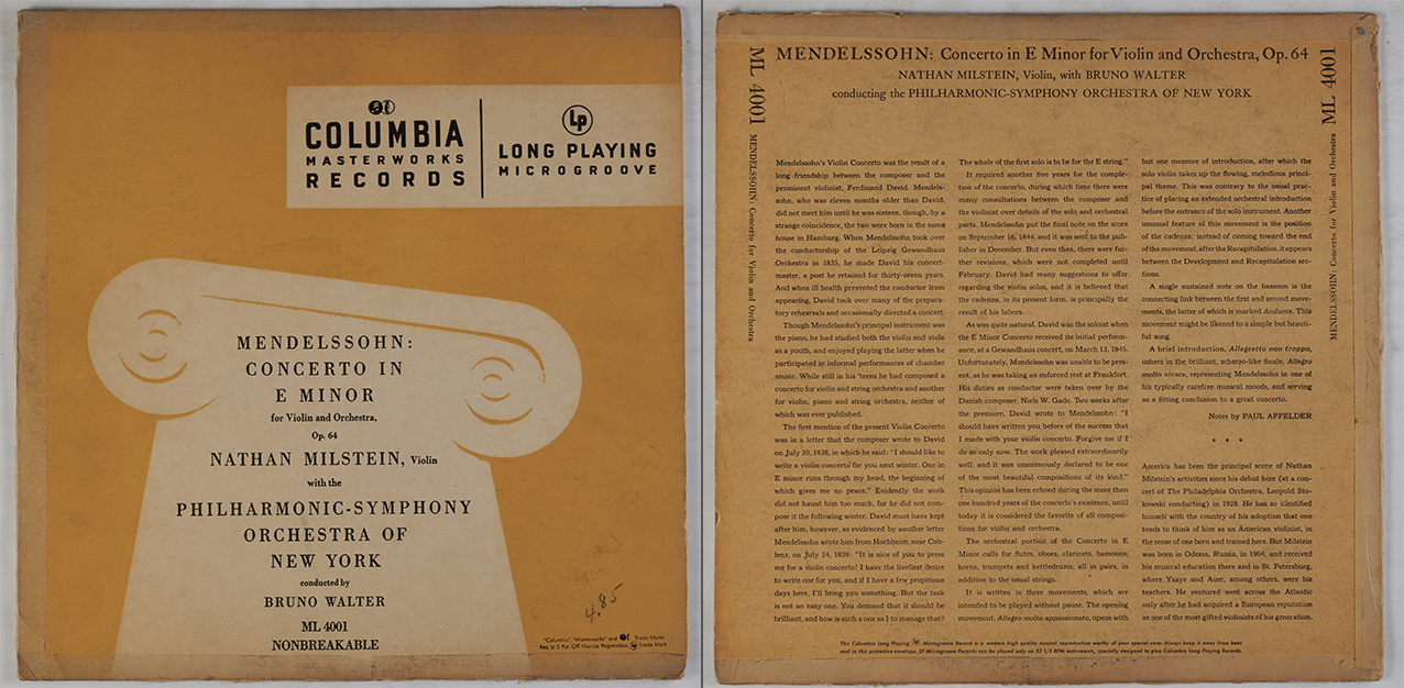 Cover and liner notes of 1948 Columbia LP featuring Mendelssohn Violin Concerto by NY Philharmonic