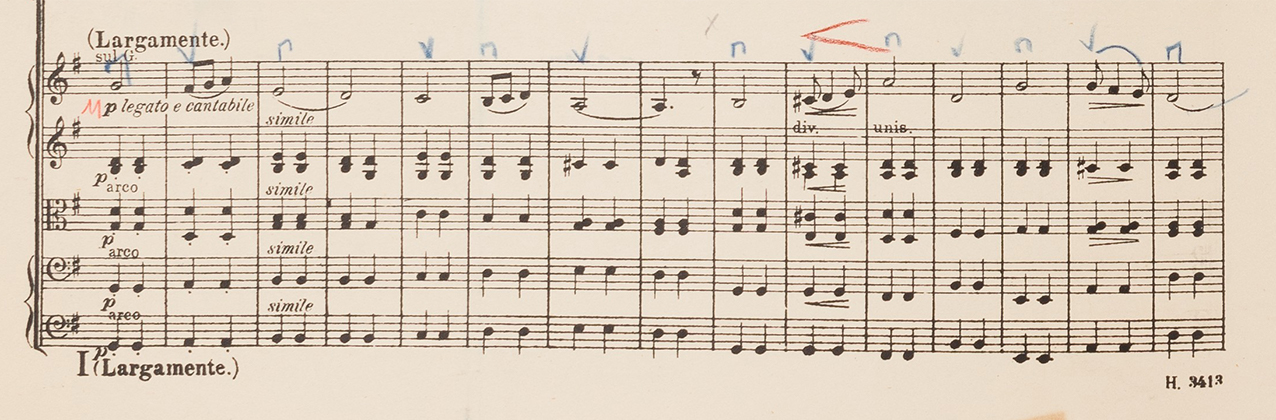 A score for Edward Elgar's Trio in March No. 1 in D major, from Military Marches, Pomp and Circumstance, featuring the openinig melody line in the violins