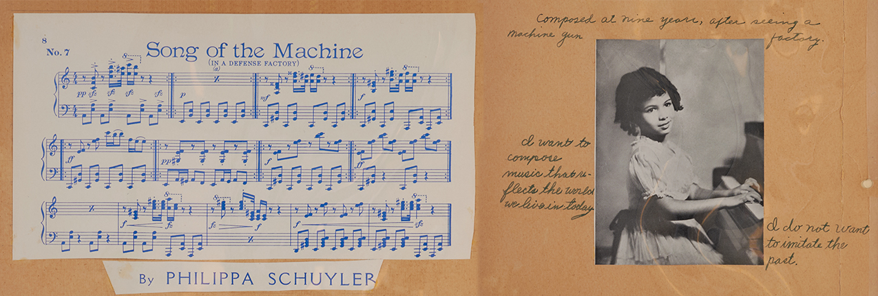 A short piano piece pasted onto brown paper. Below it is a portrait of a young girl, Philippa Schuyler, who composed it.