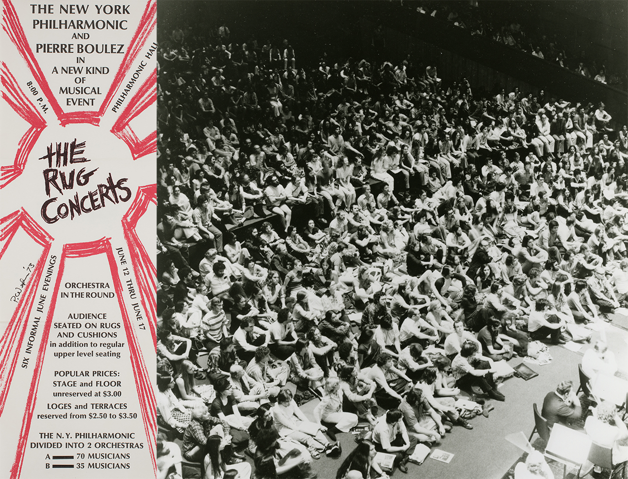 A bright red and white graphic on the left advertising the Rug Concerts. On the left is picture of a crowded audience in Philharmonic Hall. The first section of people are seated on the floor.