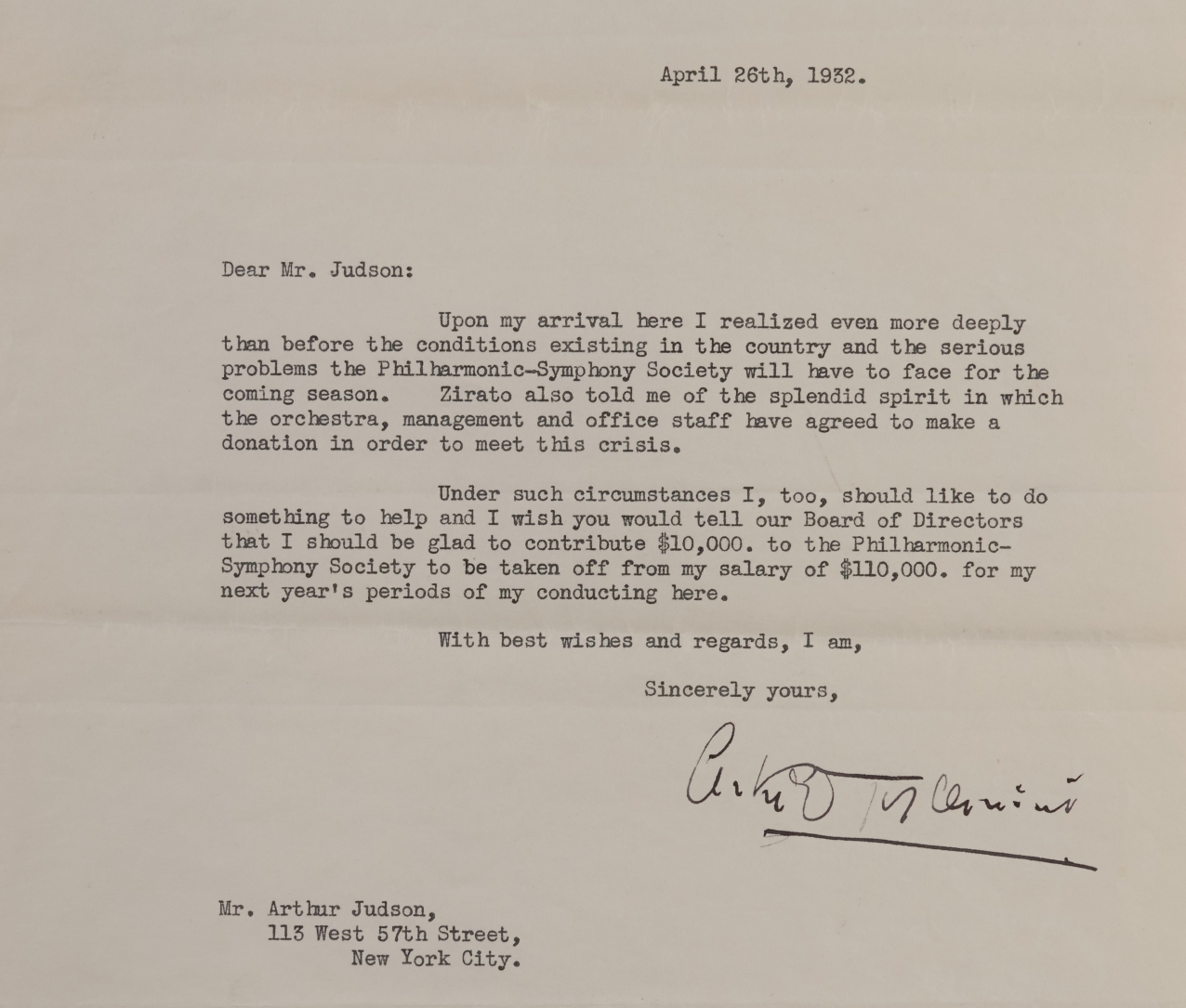 A letter signed by Arturo Toscanini