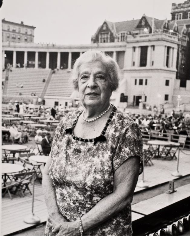 Black-and-white photo of Minnie Guggenheimer at Lewisohn Stadium circa 1960.