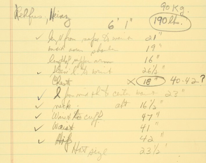 Detail of handwritten notes for a costume fitting.