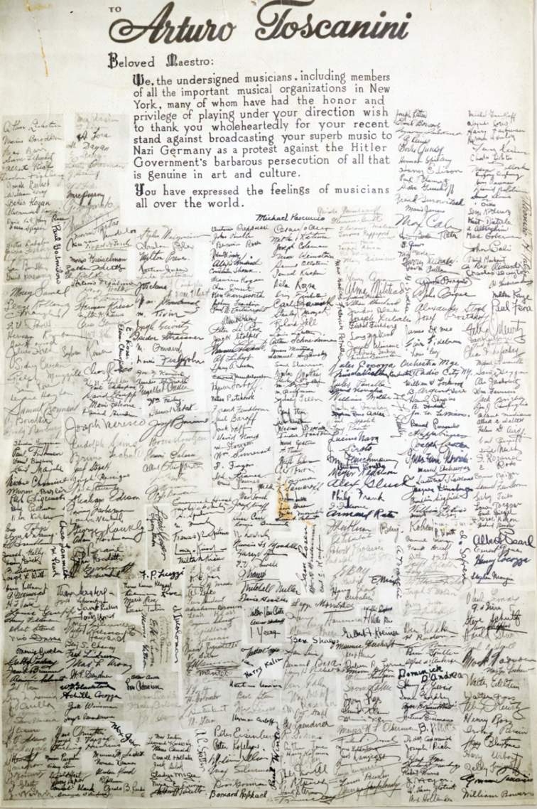 Copy of a 1936 letter to Toscanini signed by New York musicians.