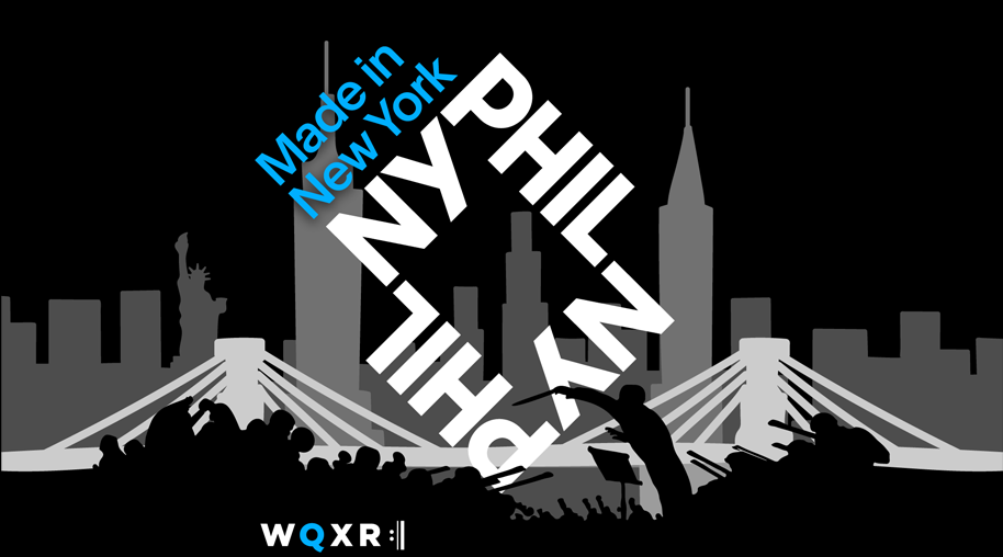 Illustration of the New York skyline behind the silhouette of an orchestra