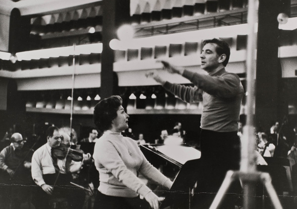 Black-and-white photograph of Jenny Tourel and Leonard Bernstein in rehearsal, 1960