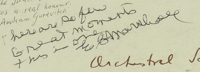 Handwritten note by E. G. Marshall praising a moment related to the New York Philharmonic
