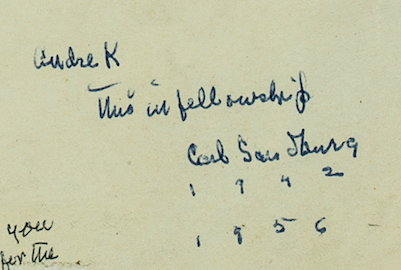 Handwritten note by Carl Sandburg from 1942 and 1956 related to New York Philharmonic fellowship