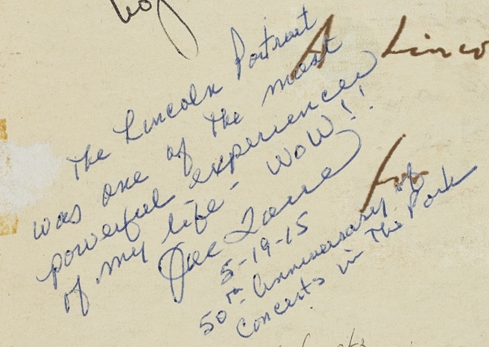 Handwritten note by Joe Torre praising The Lincoln Portrait as a powerful experience