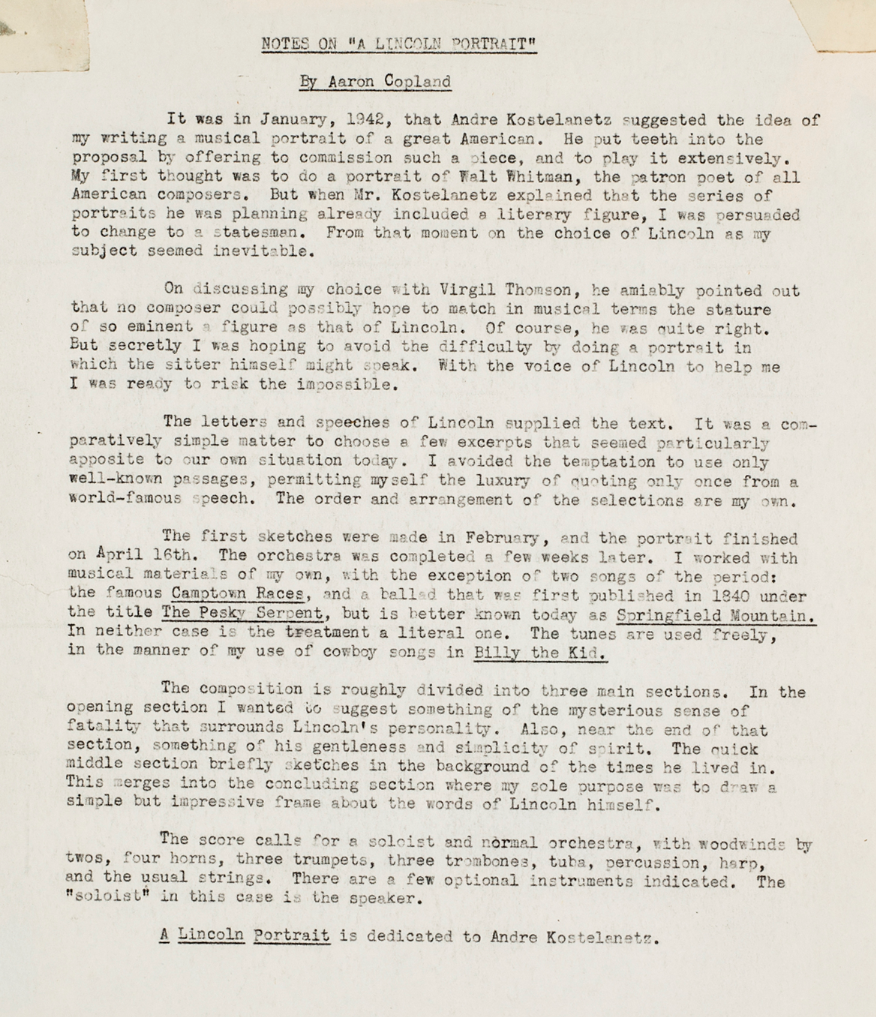 Typed notes by Aaron Copland explaining the creation of Lincoln Portrait in 1942