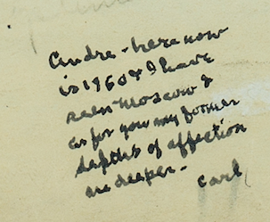 Handwritten note from Carl Sandburg expressing affection and mentioning 1960 and Moscow