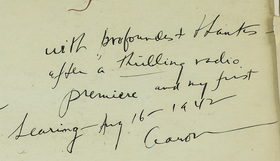 Aaron Copland's handwritten note expressing thanks after a 1942 radio premiere