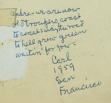 Handwritten note from Carl Sandburg to Andre Kostelanetz, 1959, referencing their longtime collaboration