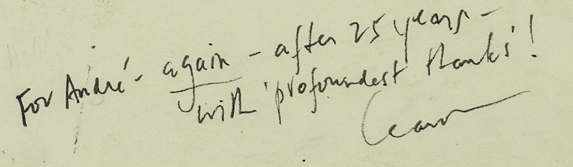 Handwritten note by Aaron Copland expressing thanks after 25 years for André.
