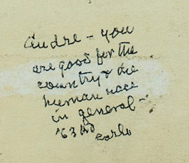 Handwritten note by Carl Sandburg praising Andre Kostelanetz for contributions to country and humanity
